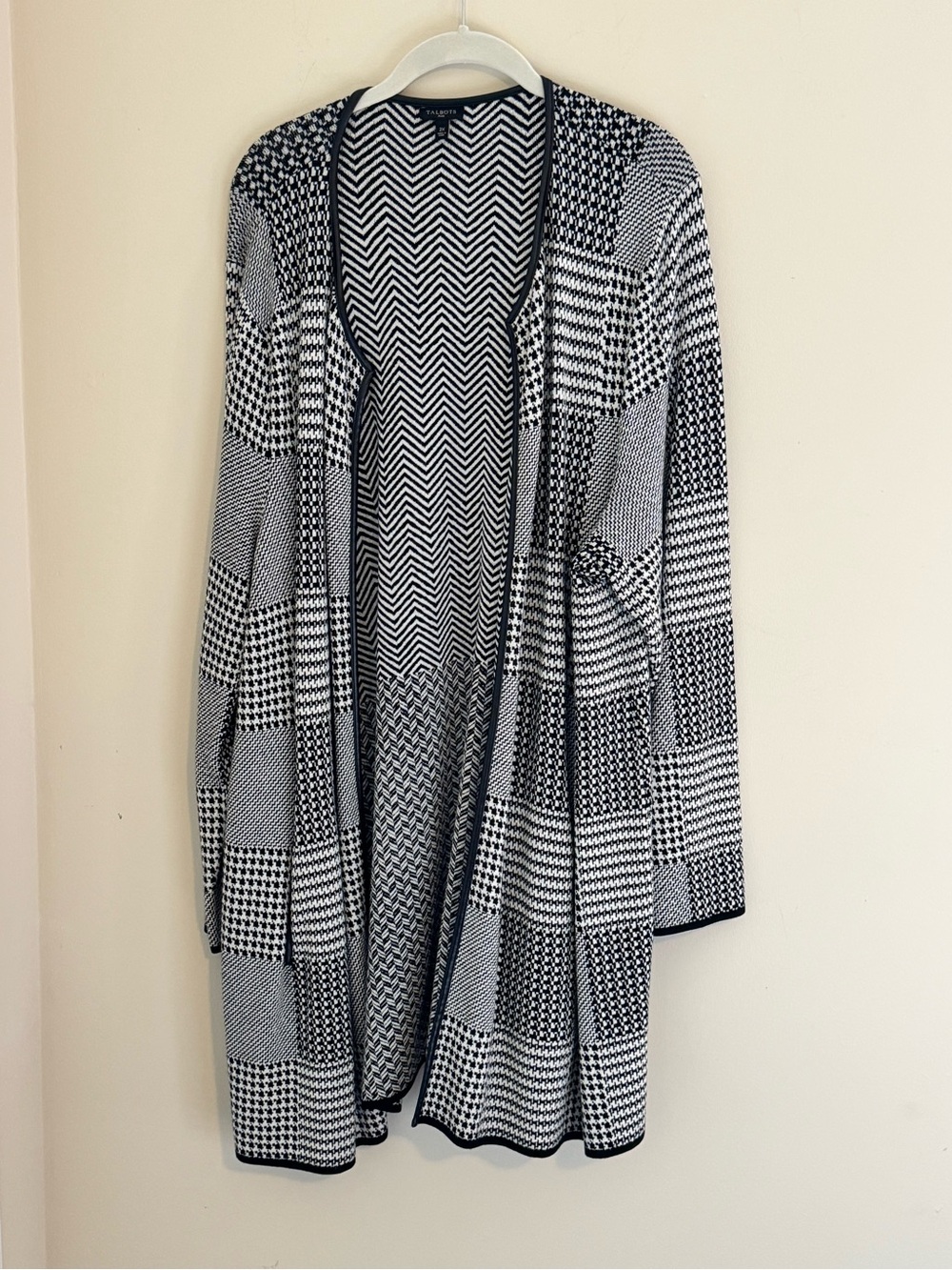Talbots Black and White Houndstooth Patchwork Open-Front Long Cardigan